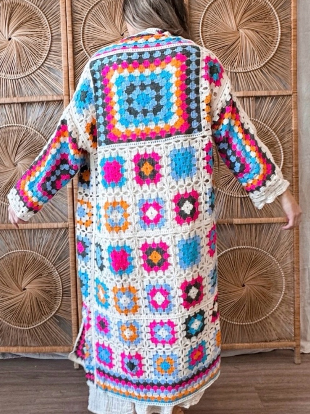 New POL Cardigan Women’s One Size Boho Crochet Knit Granny Square Open Duster